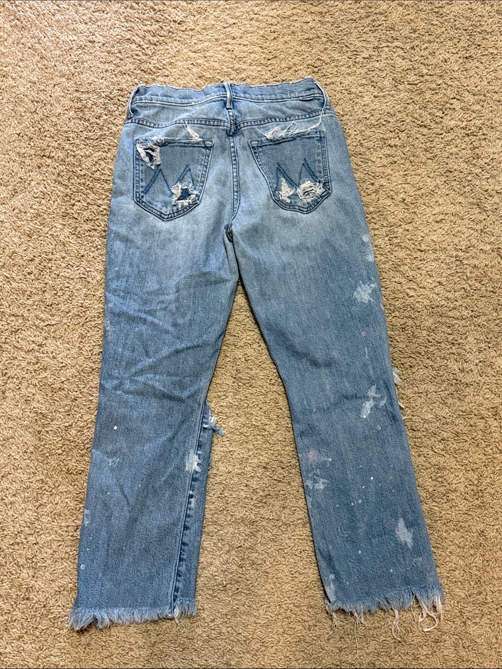 MOTHER Blue Straight-Leg Distressed Jeans with Paint Accents - Picture 2 of 6